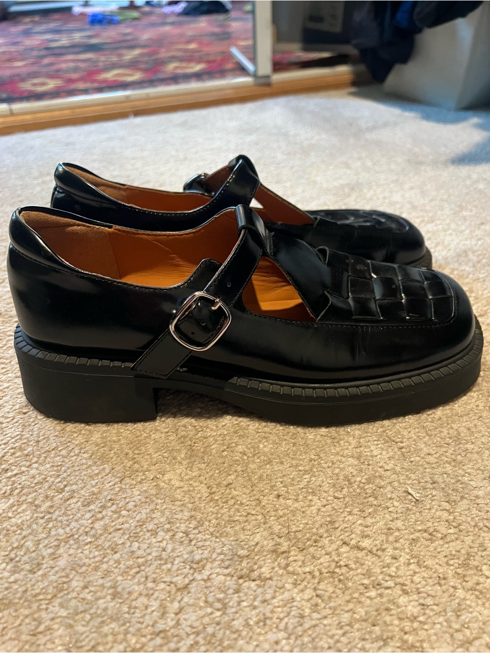 Women’s. Black T-Strap Woven Leather Chunky Shoes - Picture 2 of 15